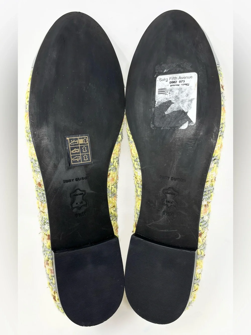 Tory Burch Tweed Ballet Flats Gray Yellow Leather Cap Toe Bow Size 9.5